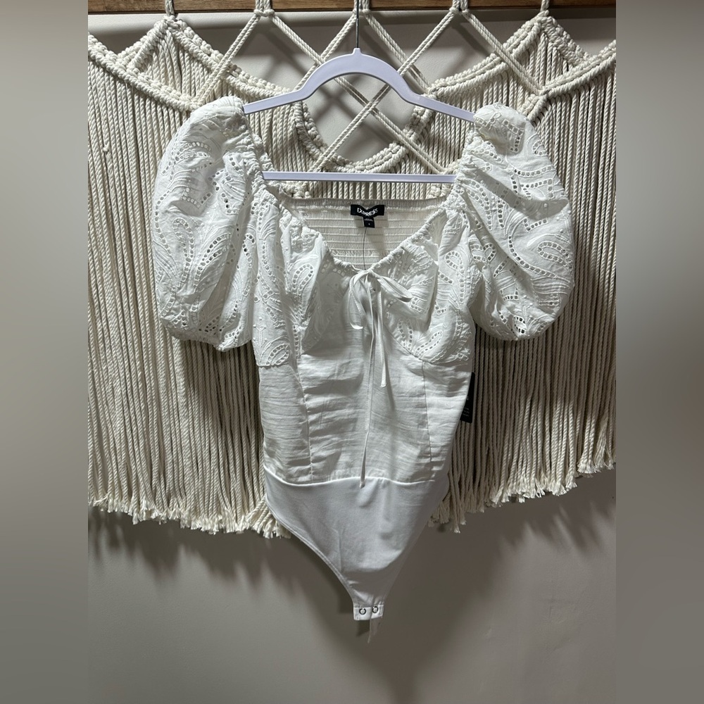 Express White Eyelet Puff-Sleeve Tie-Front Bodysuit